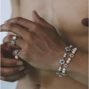 VEERT Pink & Green Flower Stone Natural Freshwater Pearl Bracelet 14K NWT